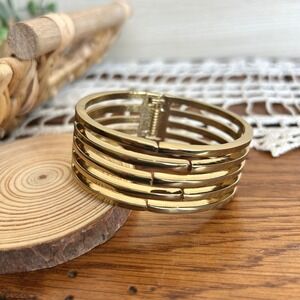 Gold Tone Multi Strand Caged Hinged Cuff Bangle Bracelet Minimalist Statement